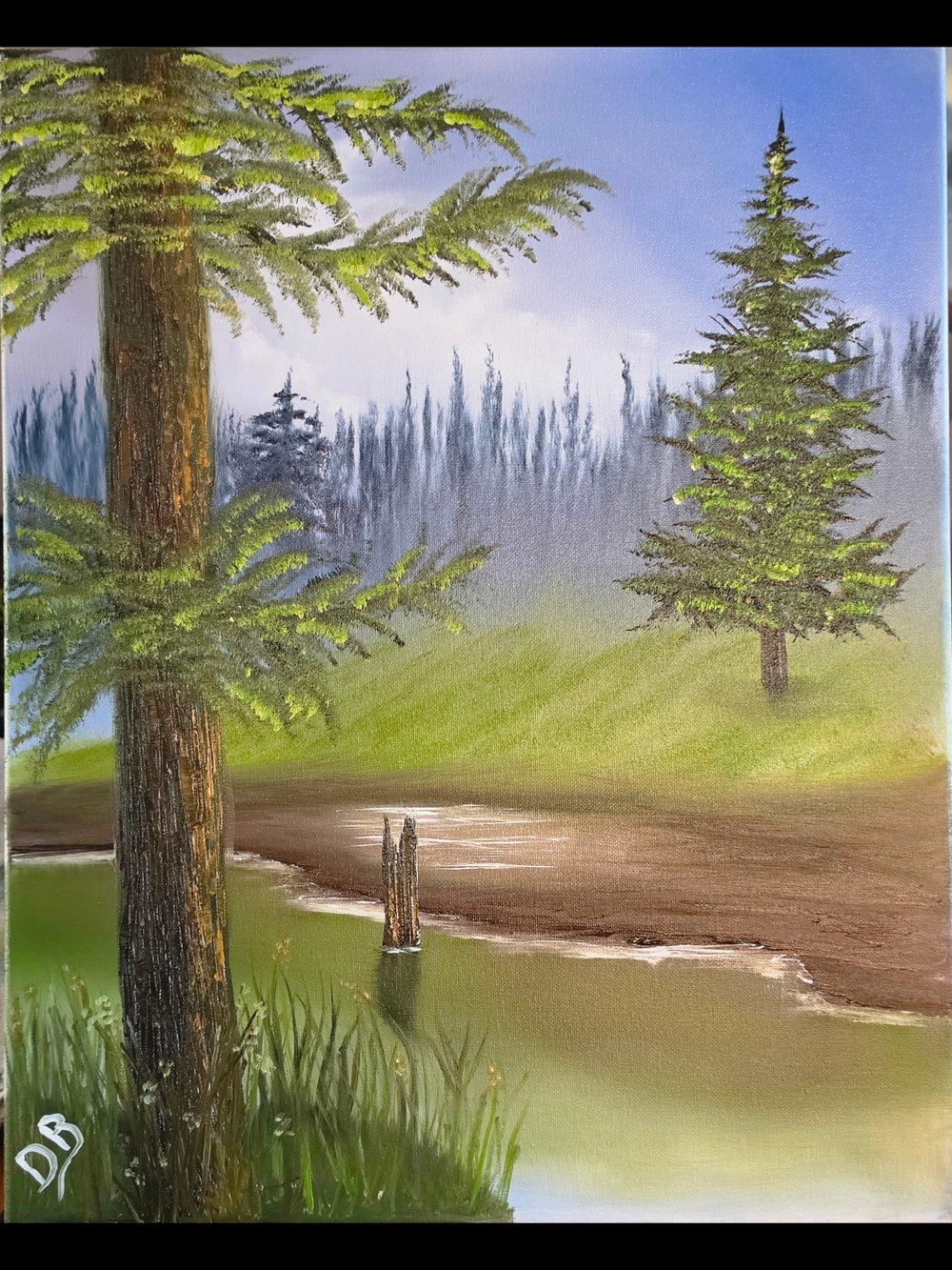 Hand-Painted Green Woodland Landscape Canvas by
